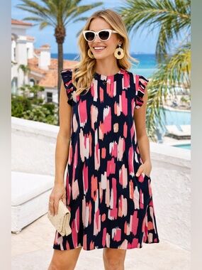 Mary Square Women’s Shift Dress Sz M Abstract Print Pink Navy Ruffles Coastal